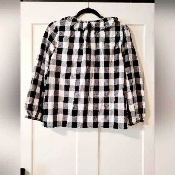 J Crew Womens Open Ruffle V Neck Button Up Blouse Black White Plaid Preppy - Picture 2 of 7